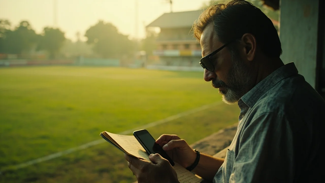 Wide editorial view of an analyst taking notes beside a cricket ground