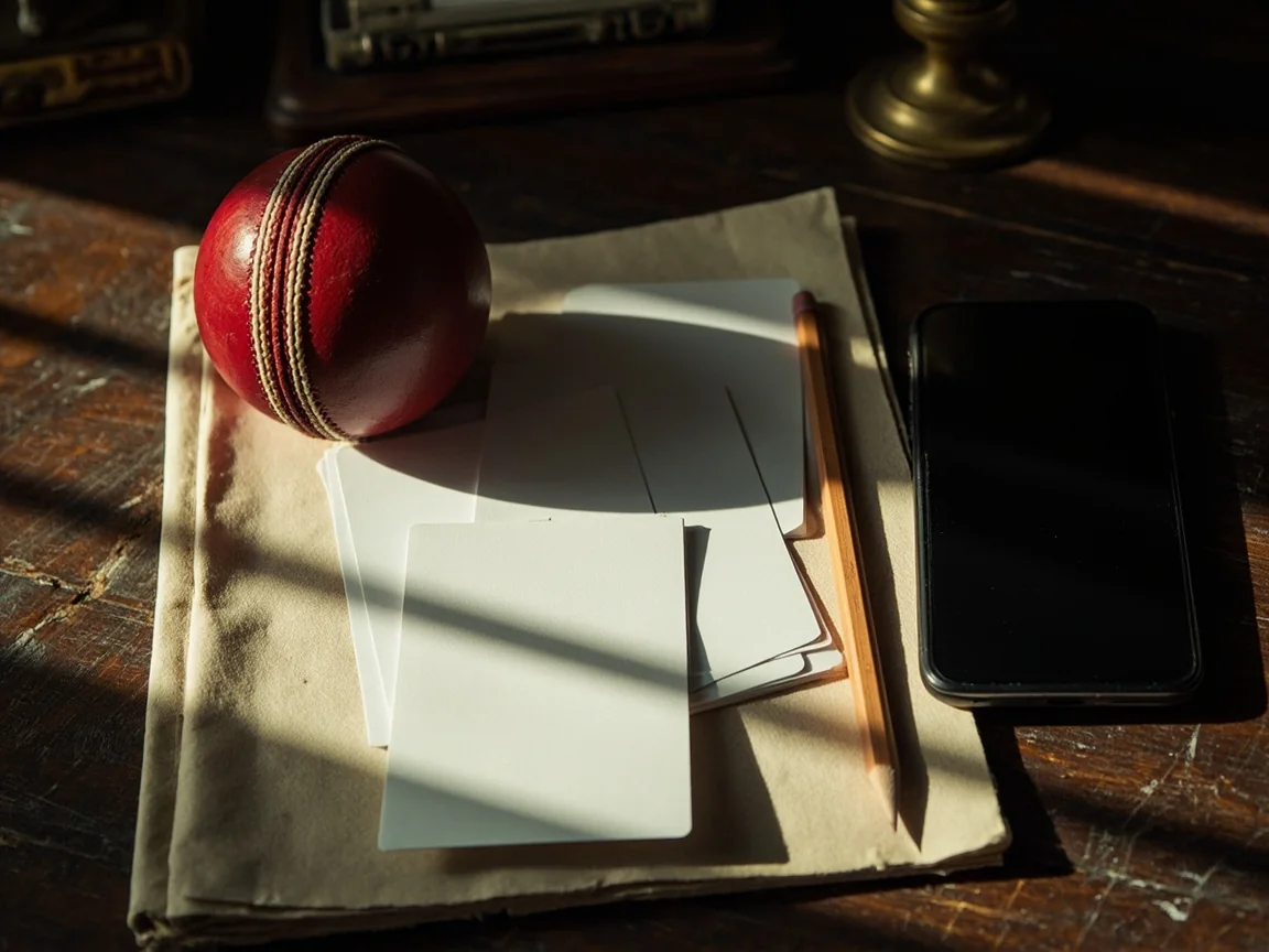 A wooden desk with handwritten match notes and an open notebook used for fantasy cricket research